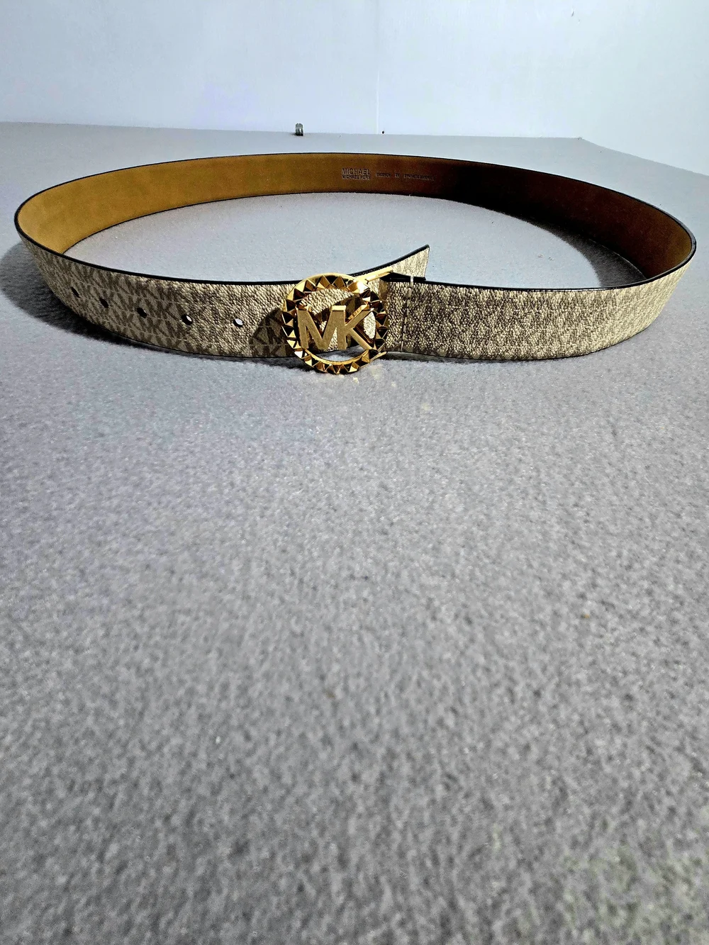 Michael Kors Beige Signature Monogram Belt with Gold MK Buckle